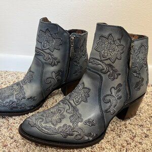 Floral Embroidered Ankle Boots in Charcoal